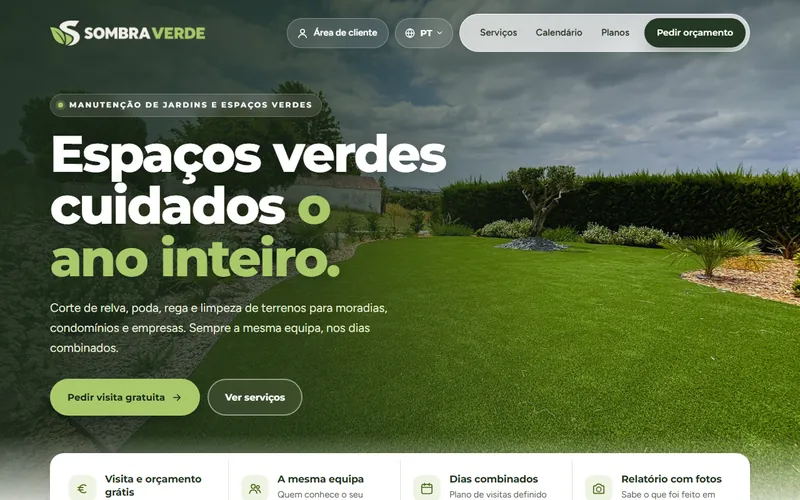 Página inicial do site Sombra Verde